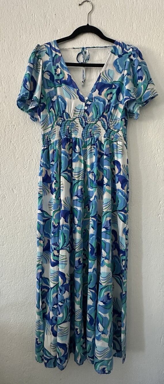 Abel The Label Blue Floral Maxi Dress Med Smocked Waist Rayon Flutter Sleeve